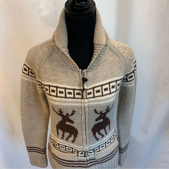 TRIPLE Five Soul beige brown reindeer Zipup jacket wool sweater Sz S - Picture 6 of 12